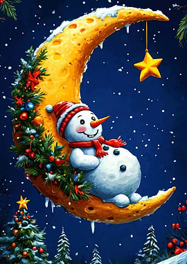Snowman on Moon Christmas Night