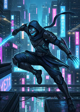 Cyberpunk Ninja in Neon Cityscape