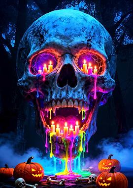 Halloween Skull with Candles and Pumpkins
