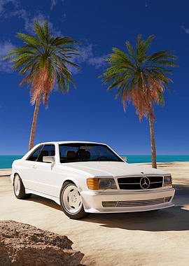 White Mercedes on a Tropical Beach