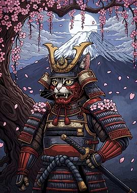 Samurai Cat Cherry Blossoms