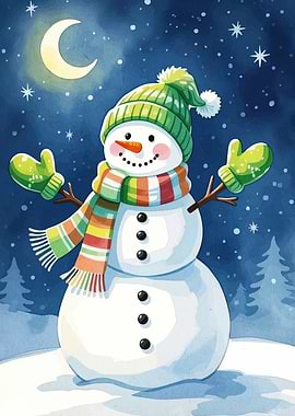 Watercolor Snowman Under Moonlit Sky