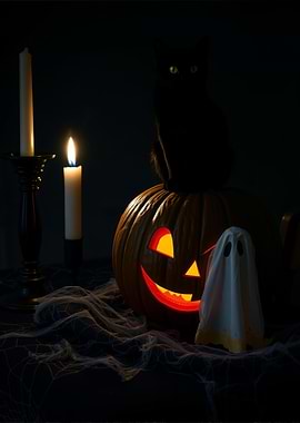 Halloween Still Life with Black Cat