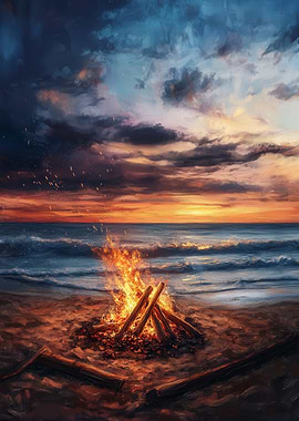 Beach Bonfire at Sunset Painting