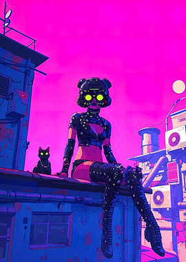 Cyberpunk Girl with Cat on Rooftop