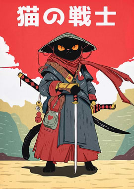 Cat Samurai Warrior Illustration