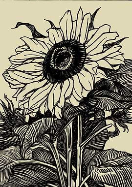 Sunflower linocut print