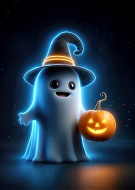Cute Ghost with Pumpkin and Witch Hat