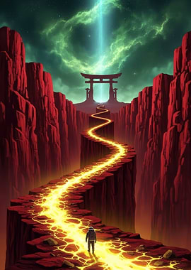 Astronaut on a Glowing Path to Torii