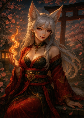 Fox Girl with Fire in Japanese Garden