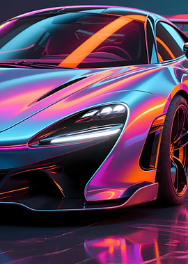 Chromatic Supercar Close-up Under Neon Light Reflections