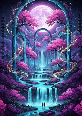 Fantasy Waterfall Landscape with Cherry Blossoms