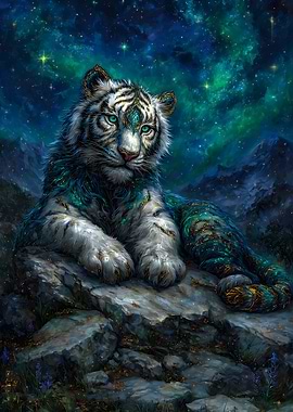 Celestial White Tiger on Rocky Outcrop