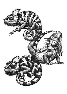 Three Reptiles Black and White Illustration