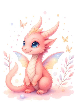 Cute Pink Dragon with Butterflies