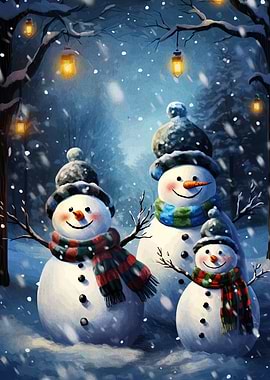Snowman Family in Winter Wonderland