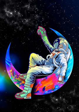 Astronaut on Colorful Moon in Space