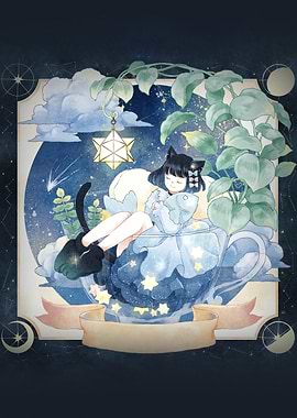 Dreamy Catgirl in Teacup Illustration