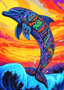 Colorful Dolphin Ocean Waves