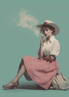 Retro Chic – Elegant Smoking Lady in Summer Hat