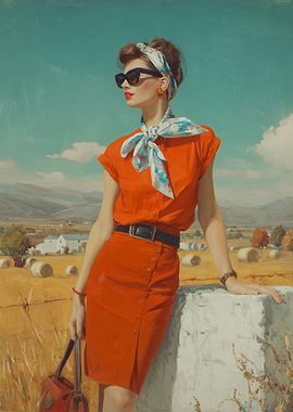 Retro Elegance – Lady in Red Dress with Scarf in Golden Fields