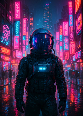 Astronaut in Neon Cityscape