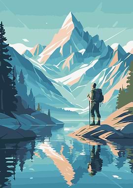 Mountain Hiker Landscape Illustration