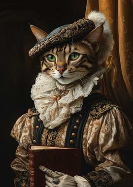Renaissance Cat Portrait with Book | Vintage Aristocrat cat Wall Print