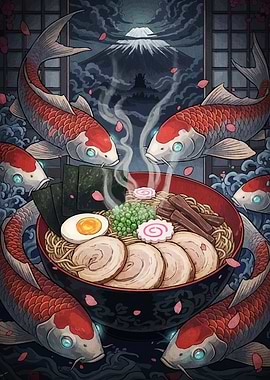 Ramen Bowl Surrounded by Koi Fish