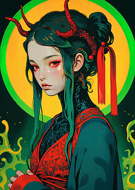 Horned Woman Portrait with Red Accents