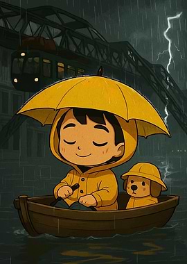 Boy and Dog in Rainy Boat Ride