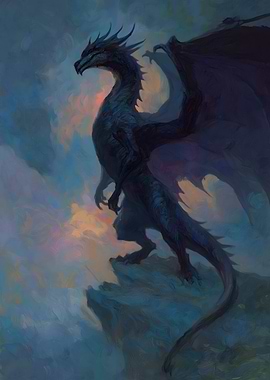 Black Dragon on Cliff Painting