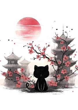 Black Cat with Cherry Blossoms and Pagodas
