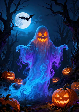 Halloween Ghost and Pumpkins in Moonlight