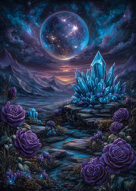 Crystal landscape with roses and moon