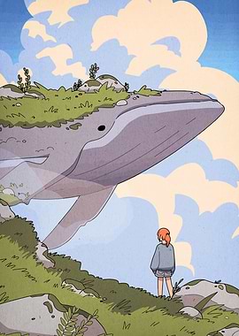 Girl and Giant Whale in the Sky