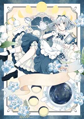 Anime Girl with Tea and Moon Phases