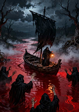 Grim Reaper Ferrying Souls on Blood River