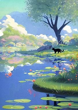 Black Cat in a Water Lily Pond
