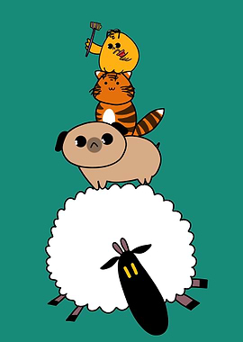 Stacked Cartoon Animals on Teal Background