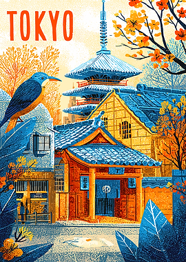 Tokyo cityscape with pagoda and bird