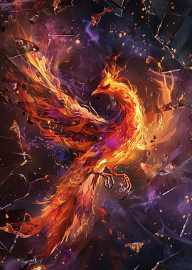 Fiery Phoenix Breaking Through Glass