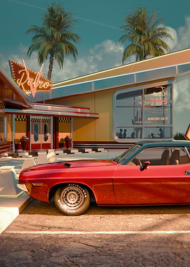 Retro Diner with Classic Red Car
