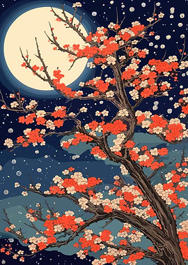 Cherry Blossom Tree Under Full Moon