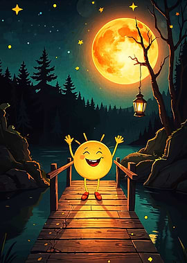 Happy Sun Character on Dock at Night
