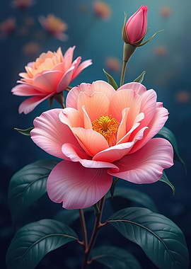Pink Camellia Flowers with Bud
