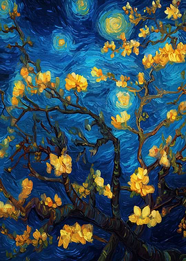 Blossoming Tree Under Starry Night