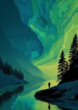 Lakeside Silhouette Under Aurora Borealis