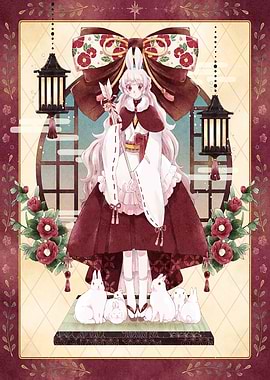 Rabbit Girl with Lanterns and Rabbits