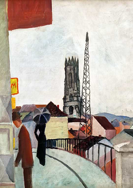Cityscape Painting with Figures and Tower